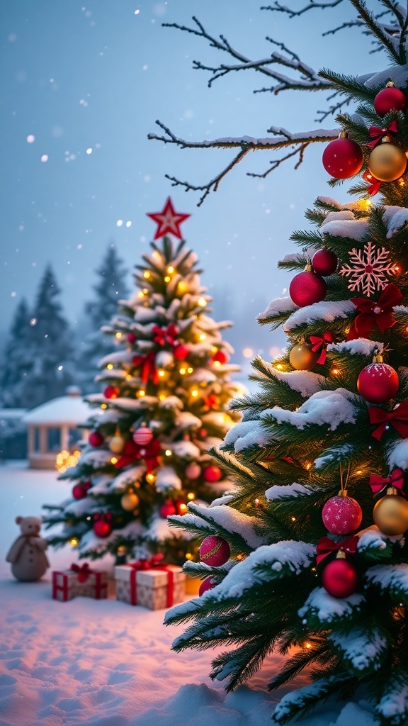 A festive Christmas background with a decorated tree and snowy landscape, ideal for a profile picture.